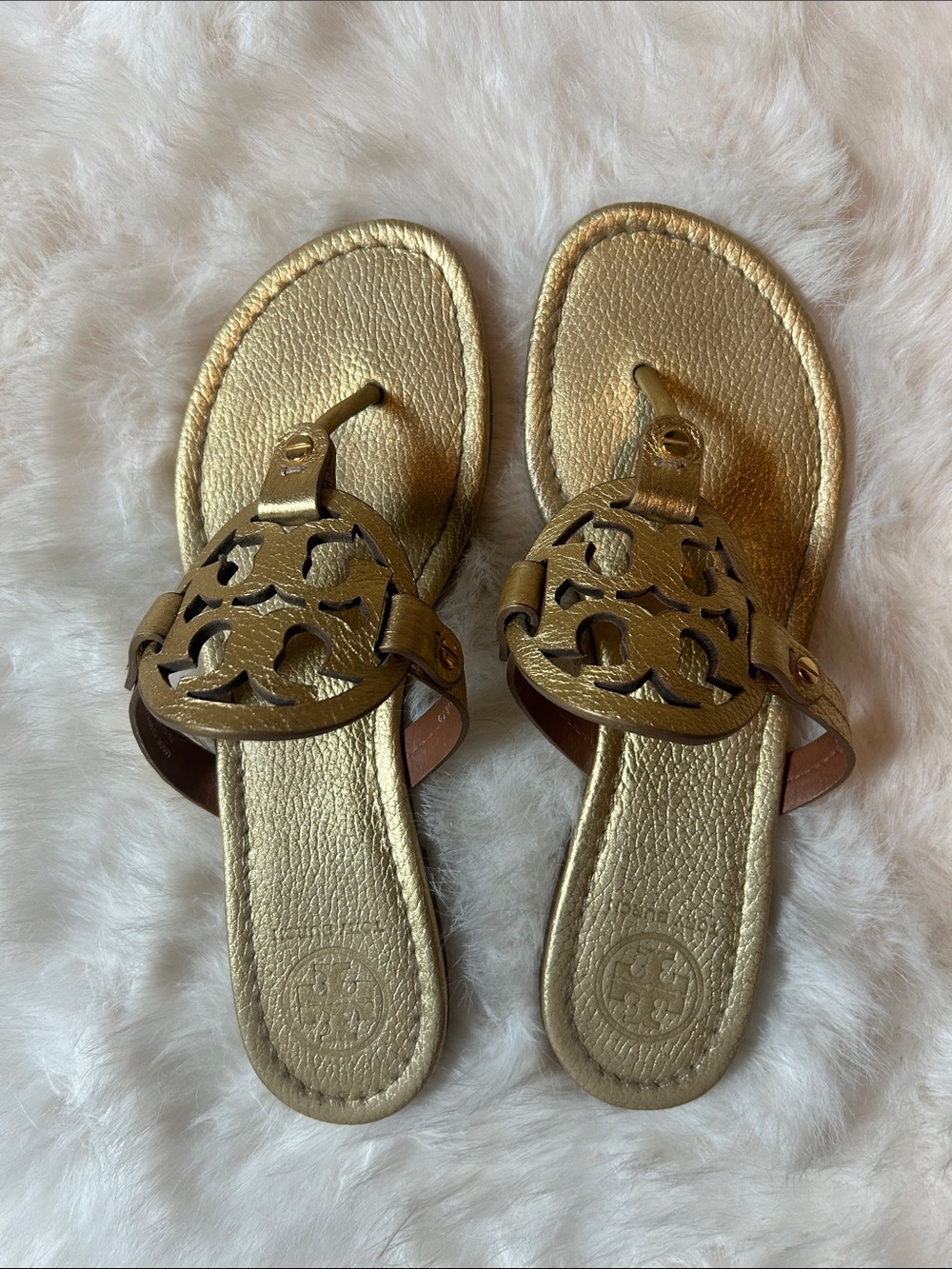 Tory Burch Metallic Gold Logo Cutout Thong Sandals
